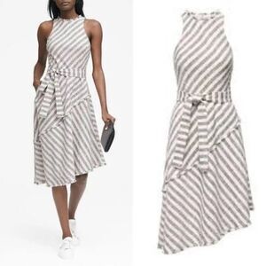 NEW Banana Republic Tweed Stripe Asymmetrical Hem Midi Dress Tie Belt Size 2P